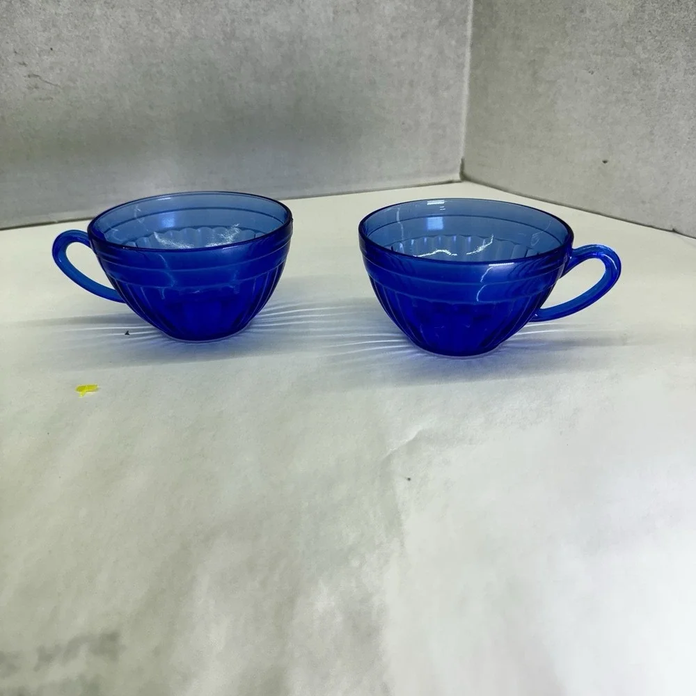 HAZEL-ATLAS Aurora Cobalt Blue Cups Set Of Two‎ Ribs Depression Glass